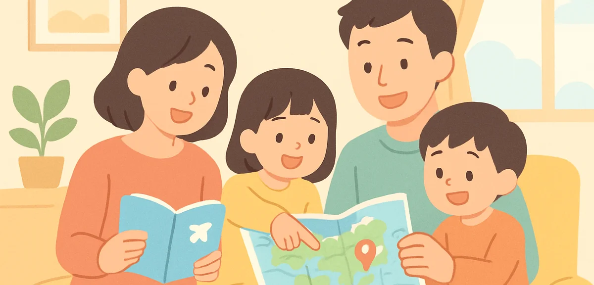 A family looking at a paper map and guidebook together at home, pointing at destinations, planning a
