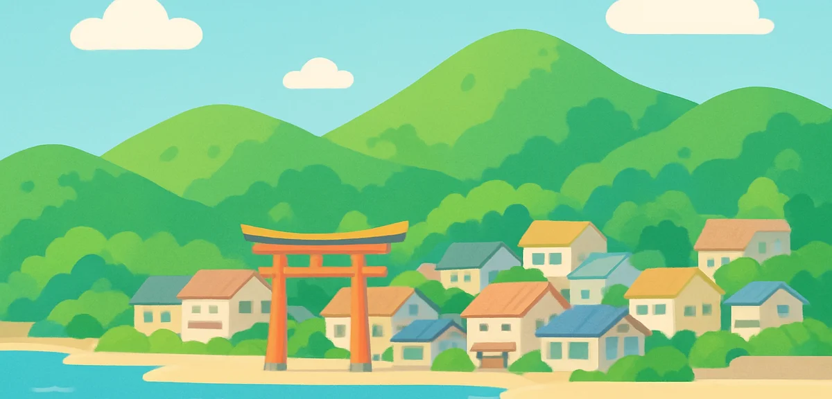Scenic view of a Japanese coastal resort town with fresh green hills and calm blue sea in early May,