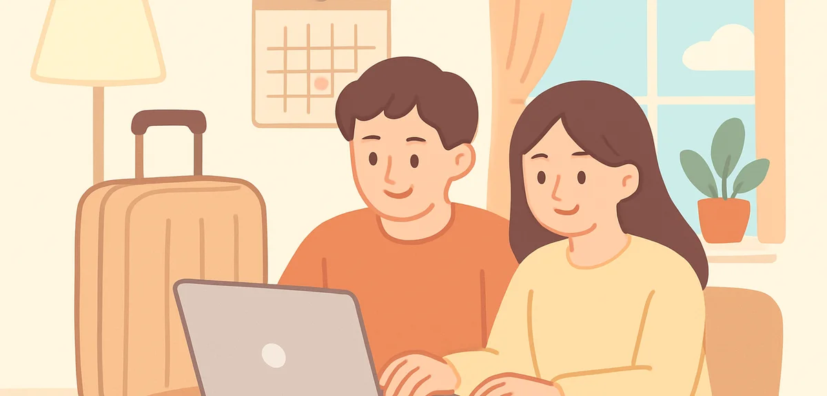 A couple checking travel booking on a laptop with a suitcase and a wall calendar nearby, cozy room,