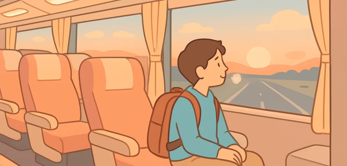Interior of a long-distance highway bus at dusk with comfortable reclining seats, a young traveler l