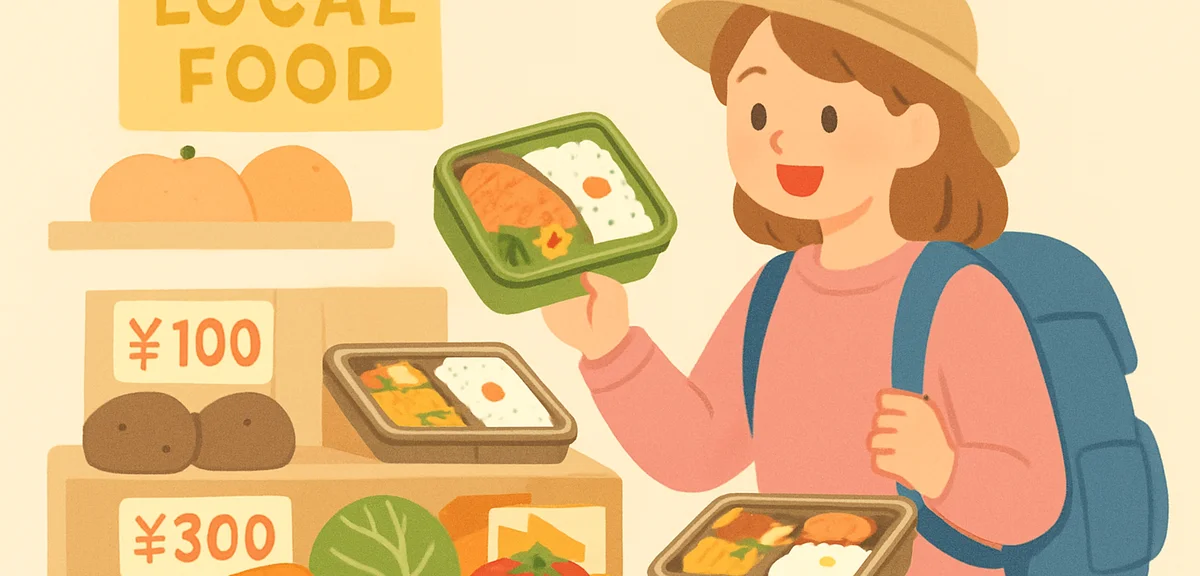 A traveler buying local food and bento at a Japanese supermarket during a trip, fresh regional produ
