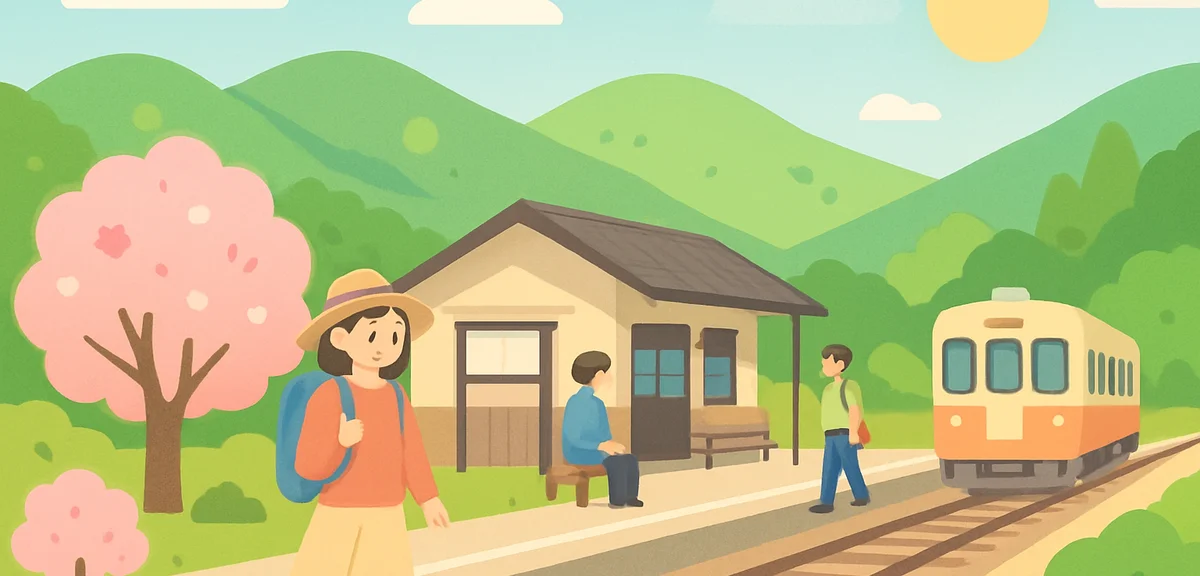 A peaceful lesser-known Japanese countryside destination in spring with fresh green hills and a quie