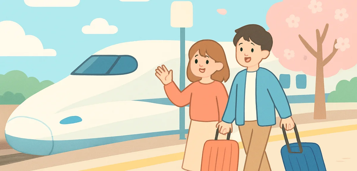 A couple with suitcases boarding a shinkansen platform on a bright spring morning, travel excitement