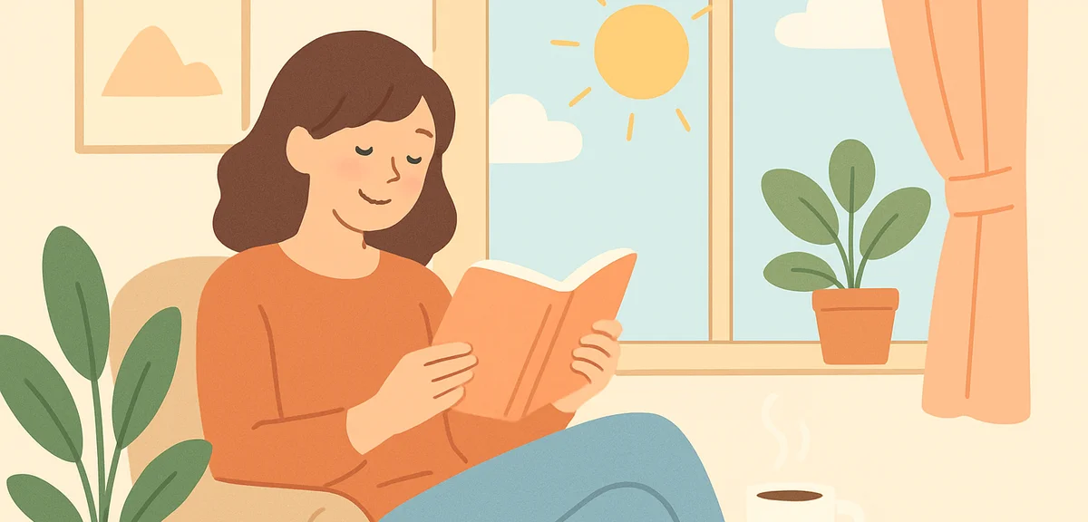 A relaxed person reading a book by a sunny window at home with coffee and plants, cozy holiday after