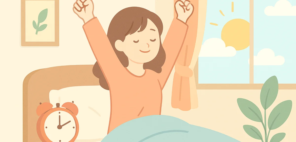 A calm bedroom scene with morning sunlight, alarm clock and stretching, peaceful start of the day, p