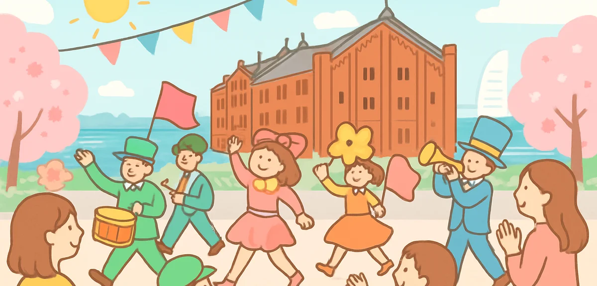 A lively spring parade in Yokohama near the Red Brick Warehouse and harbor, colorful costumes and ma
