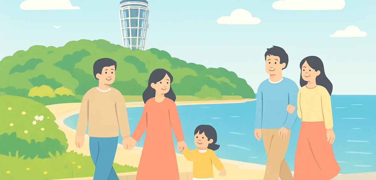 Enoshima island seaside in early May, Sea Candle observation tower, families and couples strolling a