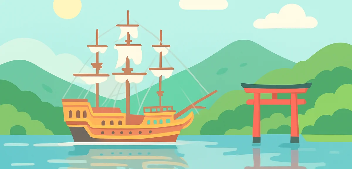 Hakone Lake Ashi with a pirate-style sightseeing boat, fresh green mountains and torii gate of Hakon