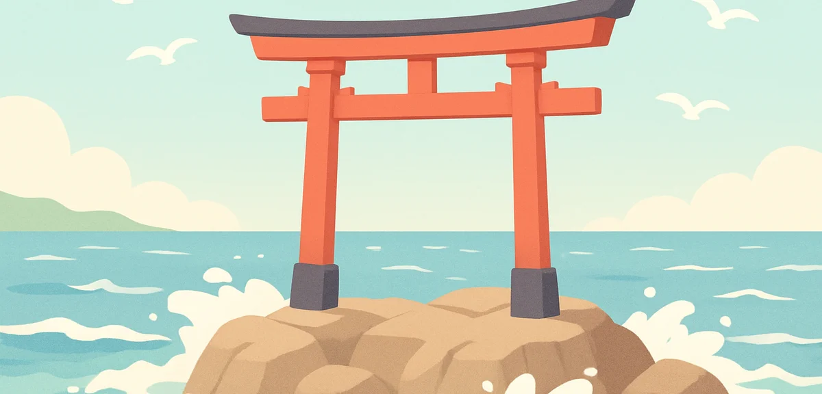 Kamiiso no Torii sacred gate on rocks facing the Pacific Ocean at Oarai, soft morning light, dramati