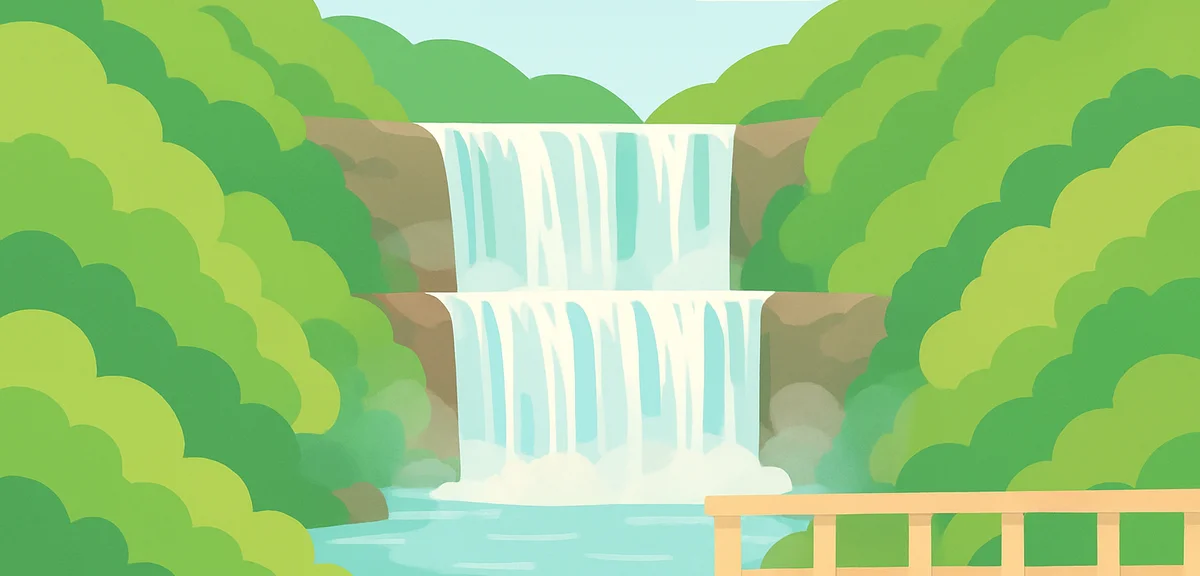 Fukuroda Falls in Ibaraki, wide multi-tiered waterfall surrounded by fresh green early-summer foliag