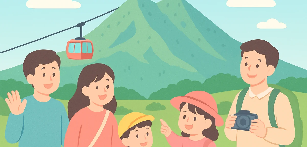 Mount Tsukuba twin peaks under a clear spring sky, green slopes, a cable car, families enjoying the