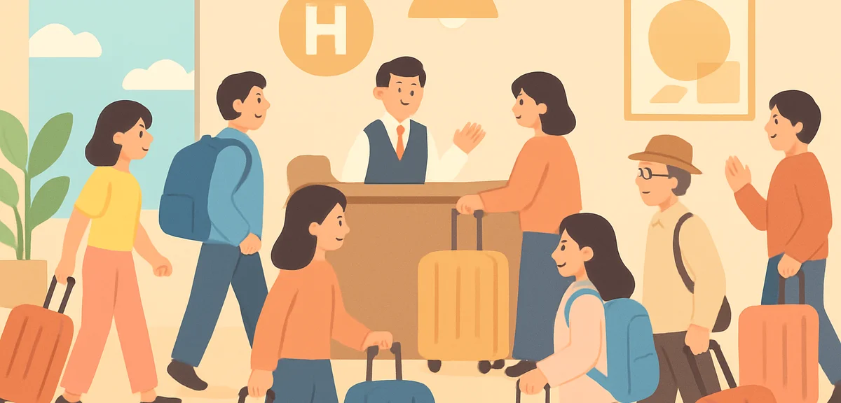 Crowds of travelers with luggage arriving at a busy Japanese hotel lobby during a national holiday, 