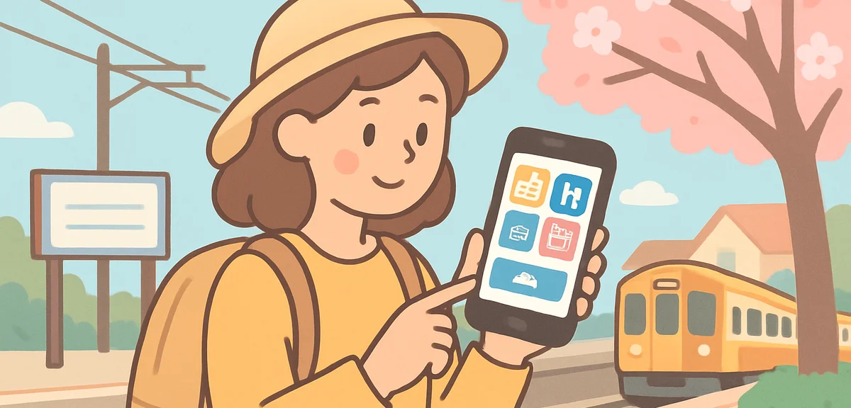 Traveler comparing several hotel booking apps on a smartphone at a quiet suburban train station in s