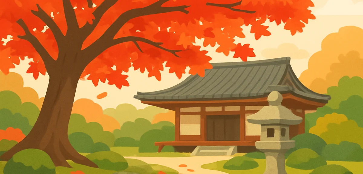 A giant ancient maple tree with brilliant crimson leaves spreading over a traditional Japanese templ