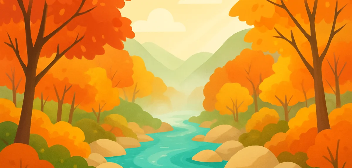 A clear turquoise mountain stream flowing through a Kyushu ravine surrounded by vivid red and orange