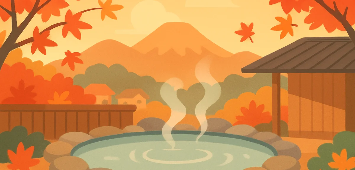 An outdoor Japanese open-air hot spring bath surrounded by autumn foliage in a mountainous Kyushu on