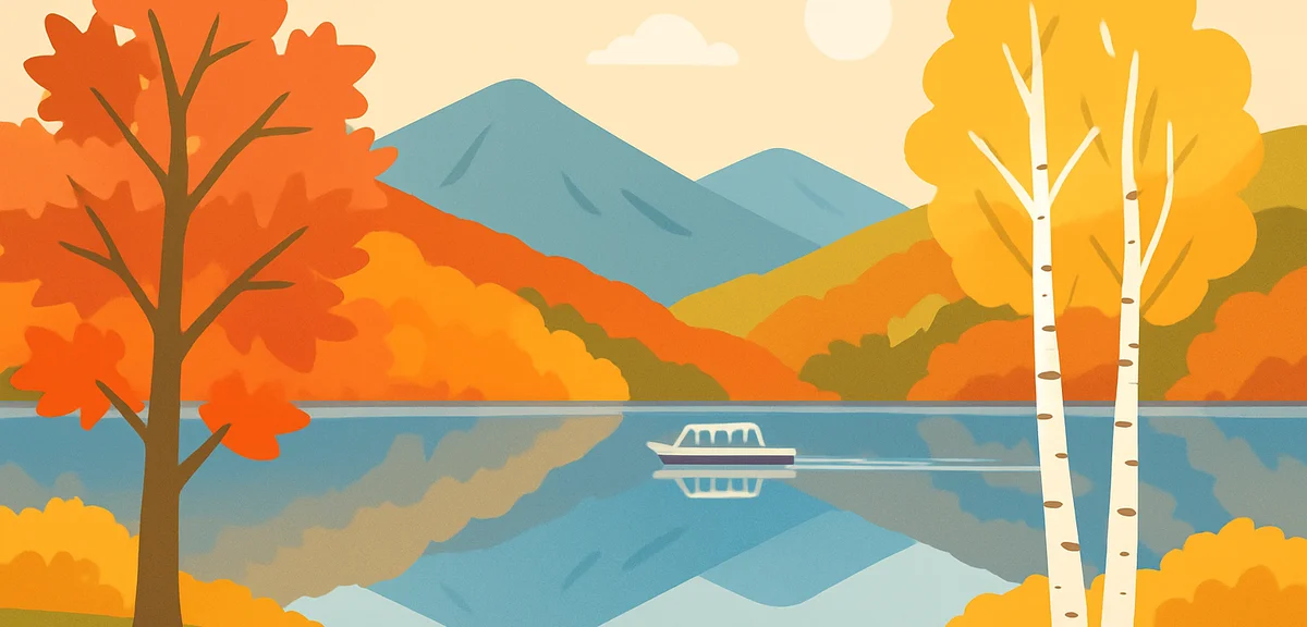 A serene Hokkaido lake such as Lake Shikotsu or Lake Toya surrounded by mountains covered in autumn 