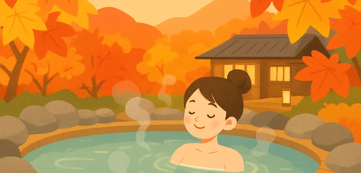 A relaxing Japanese open-air hot spring rotenburo in a Hokkaido onsen town like Jozankei or Sounkyo,