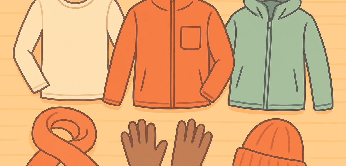 Close-up flat lay of autumn layering clothing items on wooden background: a thin base layer shirt, a