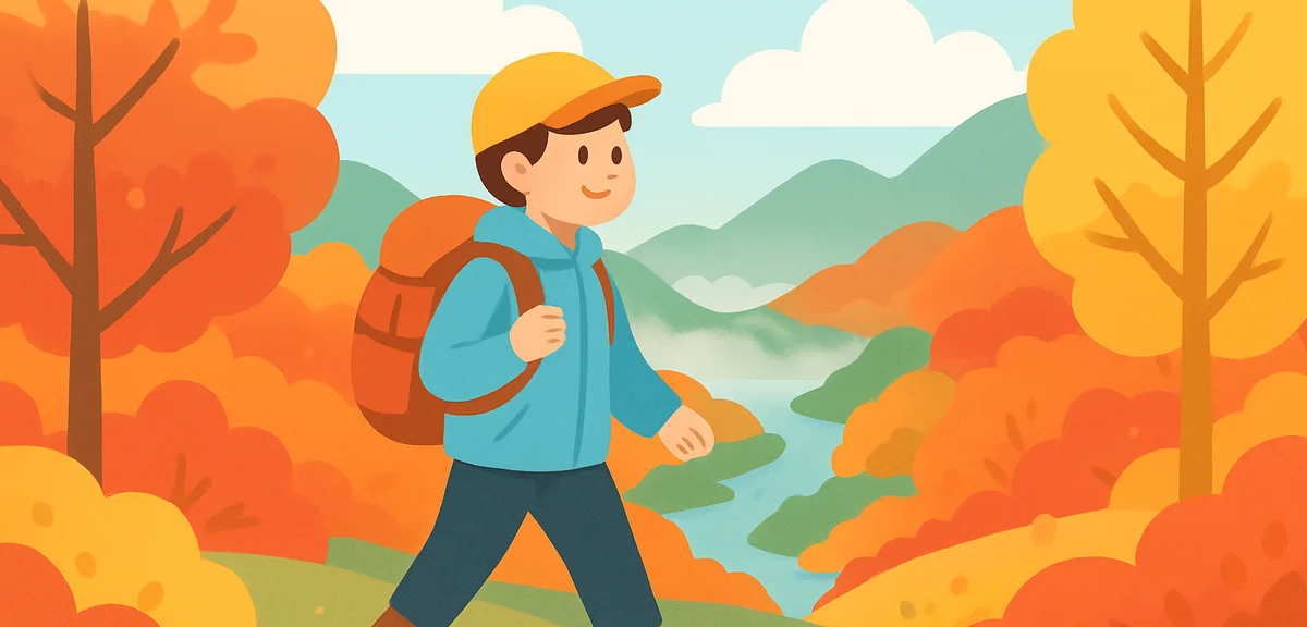 A hiker on a mountain valley trail surrounded by brilliant red and yellow autumn foliage, wearing tr