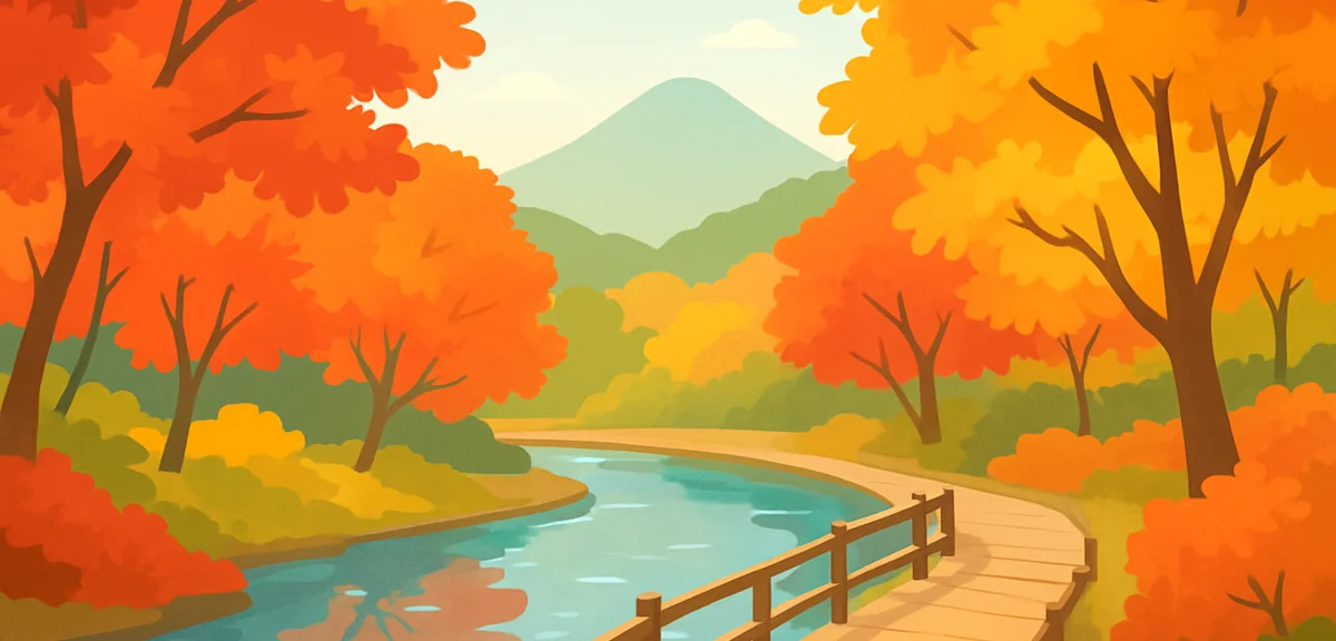 A serene Japanese valley in mid-autumn, colorful maple trees in red, orange and yellow reflected in 