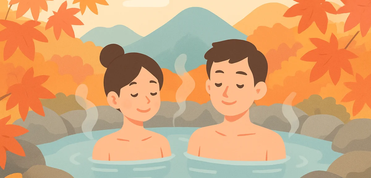 A couple relaxing side by side in an open-air hot spring surrounded by colorful autumn maple foliage