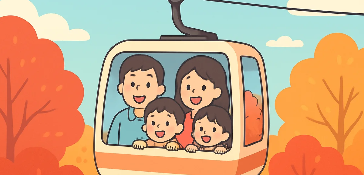 A happy family riding a small mountain ropeway car surrounded by brilliant red and orange autumn fol