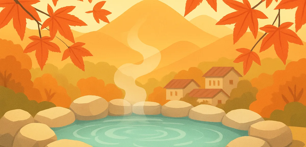 An outdoor onsen rock bath framed by brilliant red Japanese maple leaves at a mountain hot spring to
