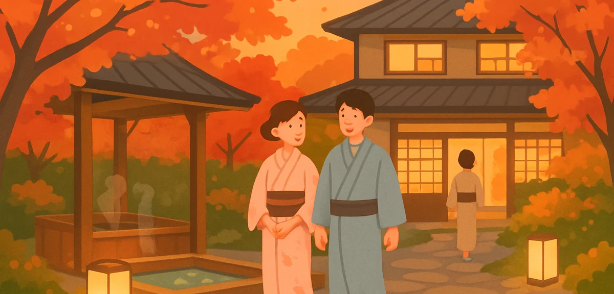 A cozy traditional Japanese ryokan courtyard in autumn evening, illuminated maple trees, a wooden fo