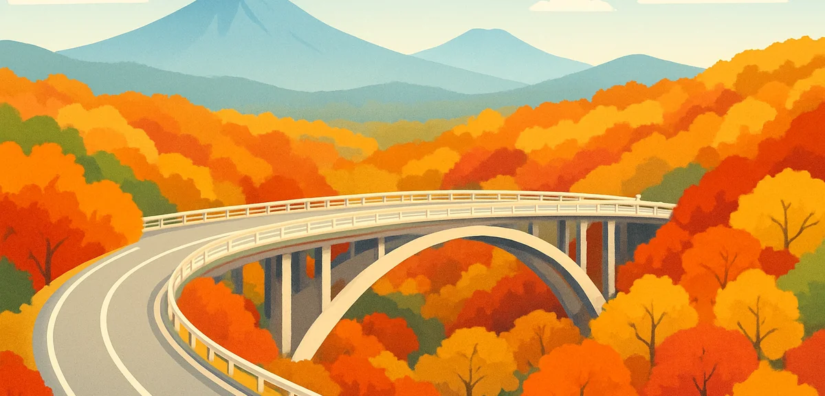 A high mountain pass in Hokkaido overlooking an endless sea of primeval forest turning brilliant red