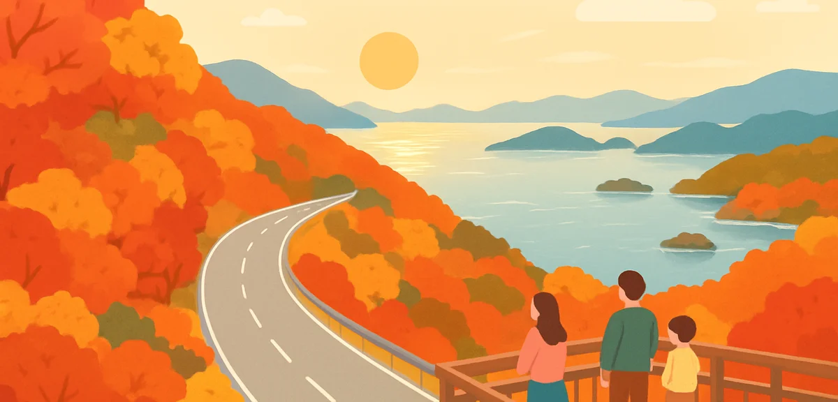 A scenic toll skyline road running along a mountain ridge overlooking a shimmering bay and small isl