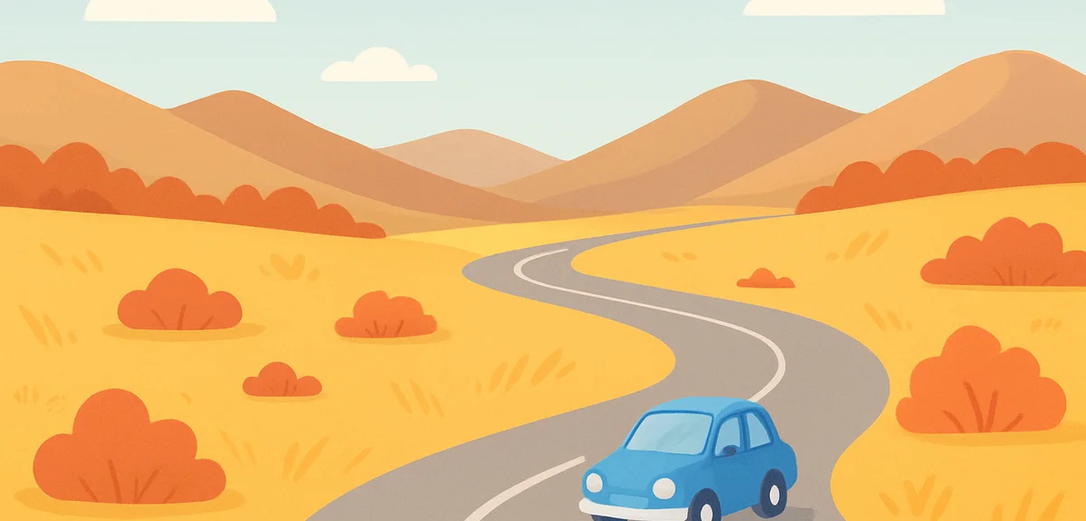 A winding highland driving route curving through an open autumn plateau in the Japanese highlands, g