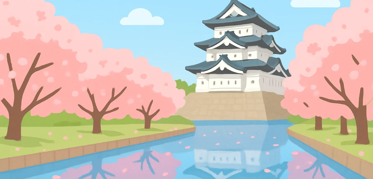 Rows of cherry blossom trees reflected in the moat of Hirosaki Park castle in Aomori, pink petals fl