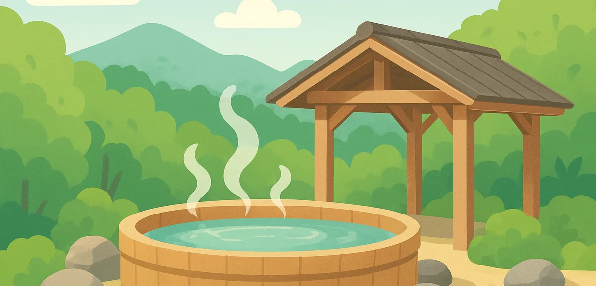 A traditional open-air hot spring rotenburo surrounded by fresh green forest in the Tohoku mountains