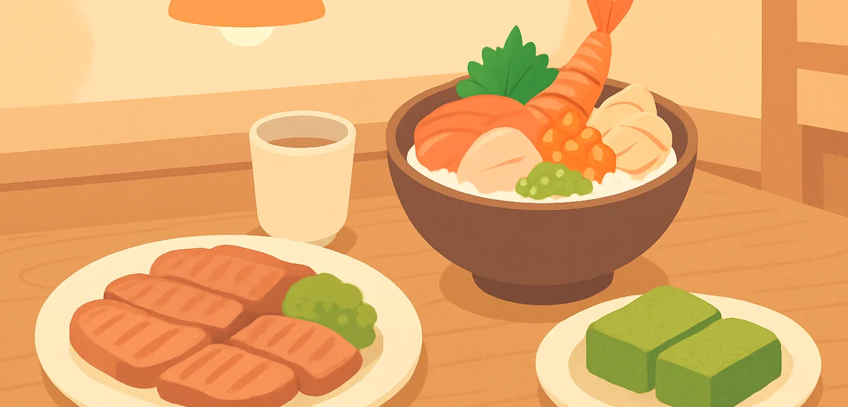 A colorful spread of Tohoku regional cuisine, grilled beef tongue, zunda mochi sweets, a fresh seafo