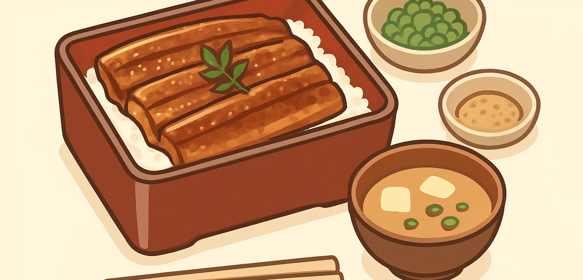 Traditional Japanese hitsumabushi grilled eel over rice in lacquer box with condiments, close-up foo