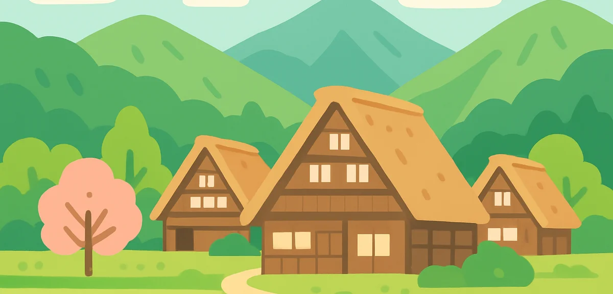 Shirakawa-go historic gassho-zukuri thatched farmhouses with fresh green mountains in early May, sce